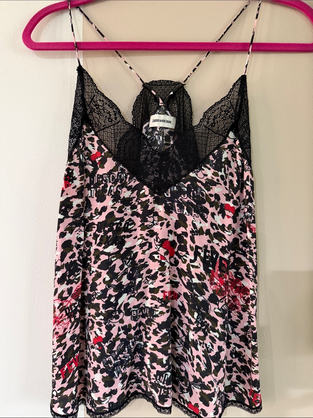 Zadig & Voltaire Pink, Black & Red Leopard Lace-Trim Slip Camisole
